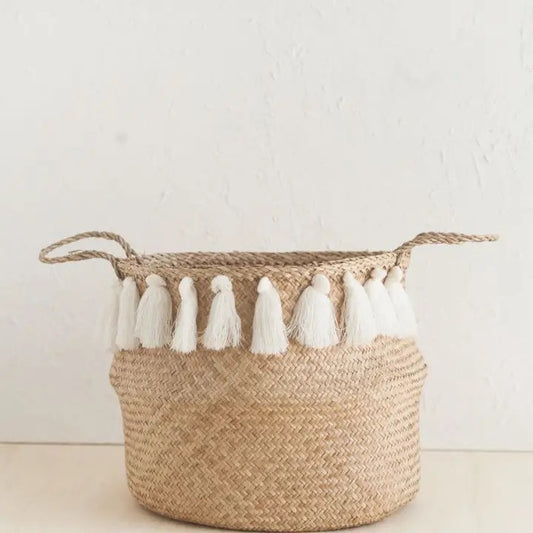 White Tasseled Belly Basket