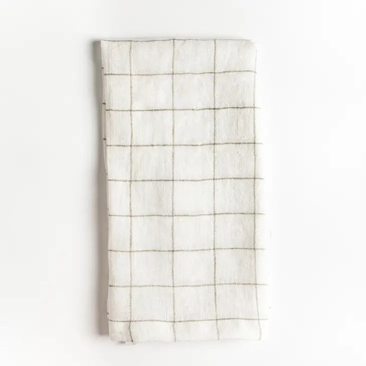 Stone Washed Linen Hemmed Dinner Napkin--Taupe Windowpane