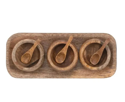 Mango Wood Tray with 3 Bowls and 3 Spoons
