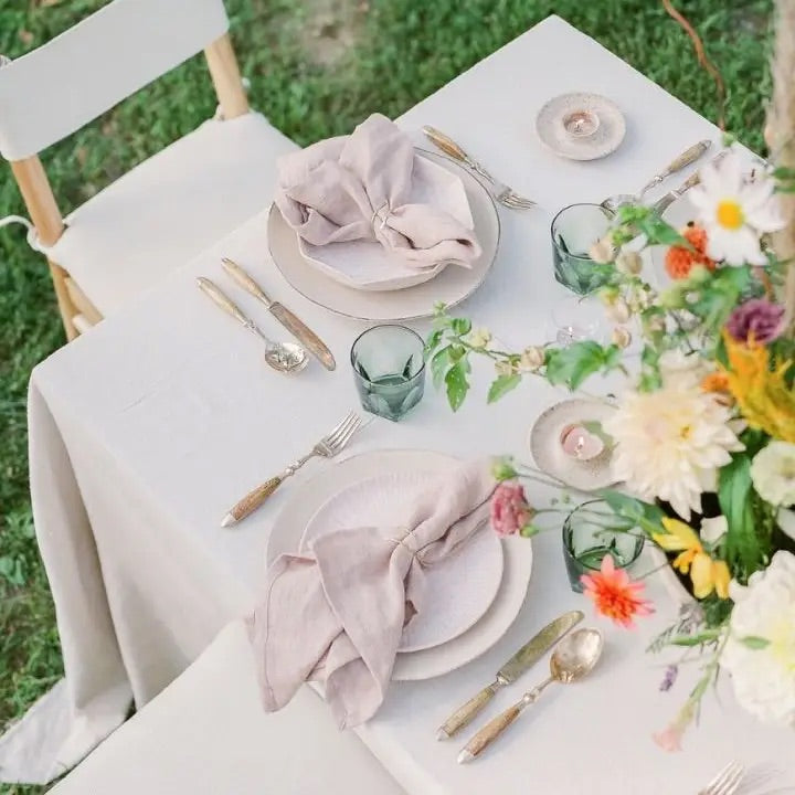 Stone Washed Linen Hemmed Dinner Napkin--Taupe Windowpane