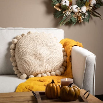 Ecru Pom Pom Round Pillow